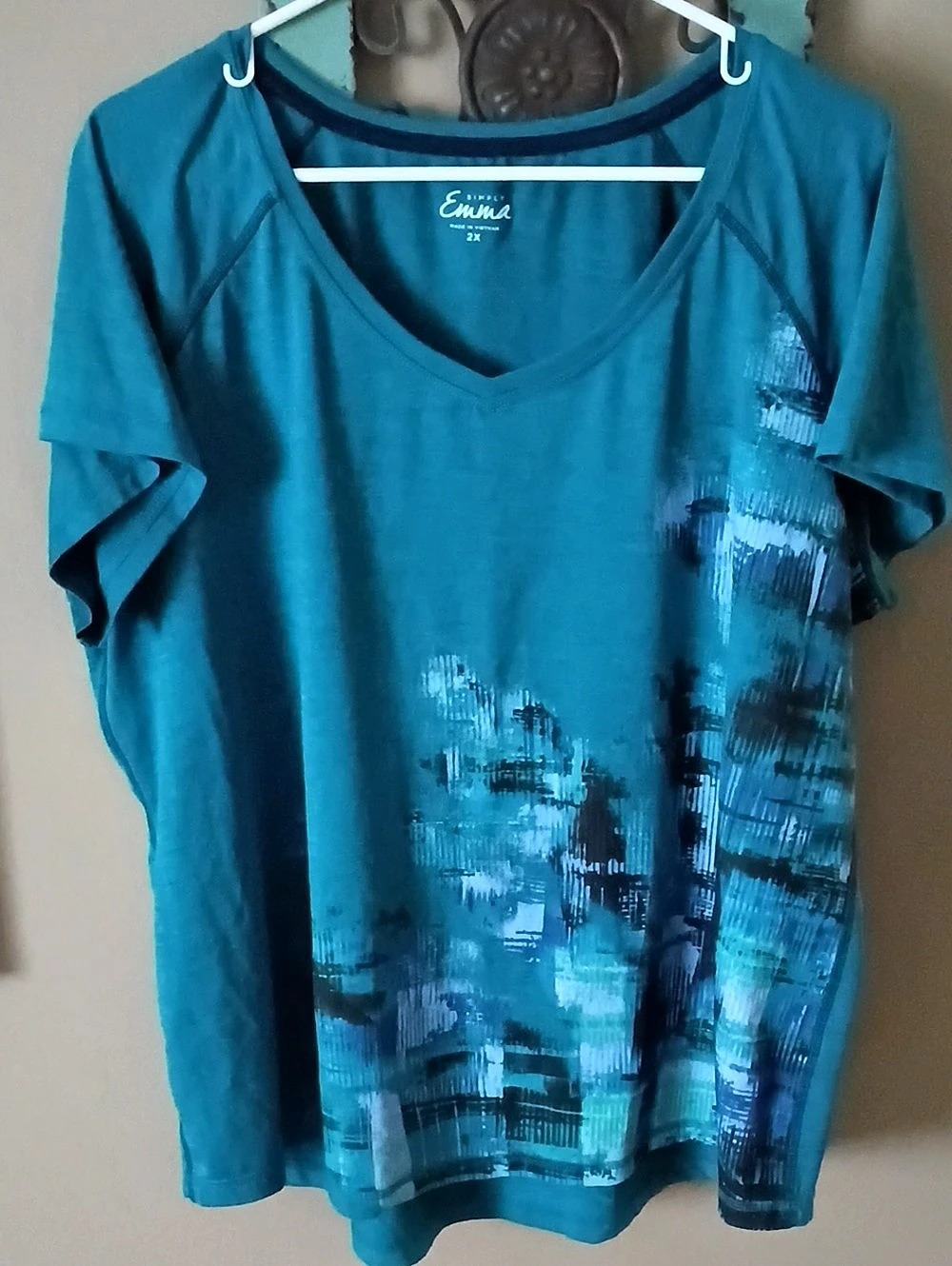 Simply Emma Abstract Short Sleeve Top Blue Size 2X Like New